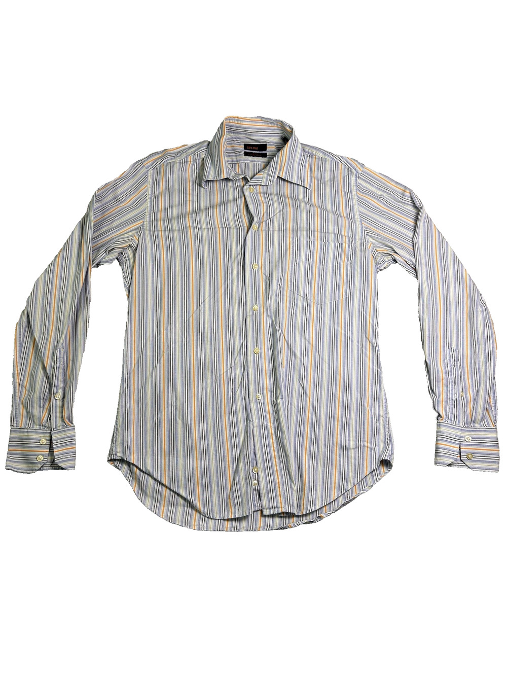 Zara Man Button Up Shirt Mens Medium Blue Orange 100% Cotton Striped Fall Formal